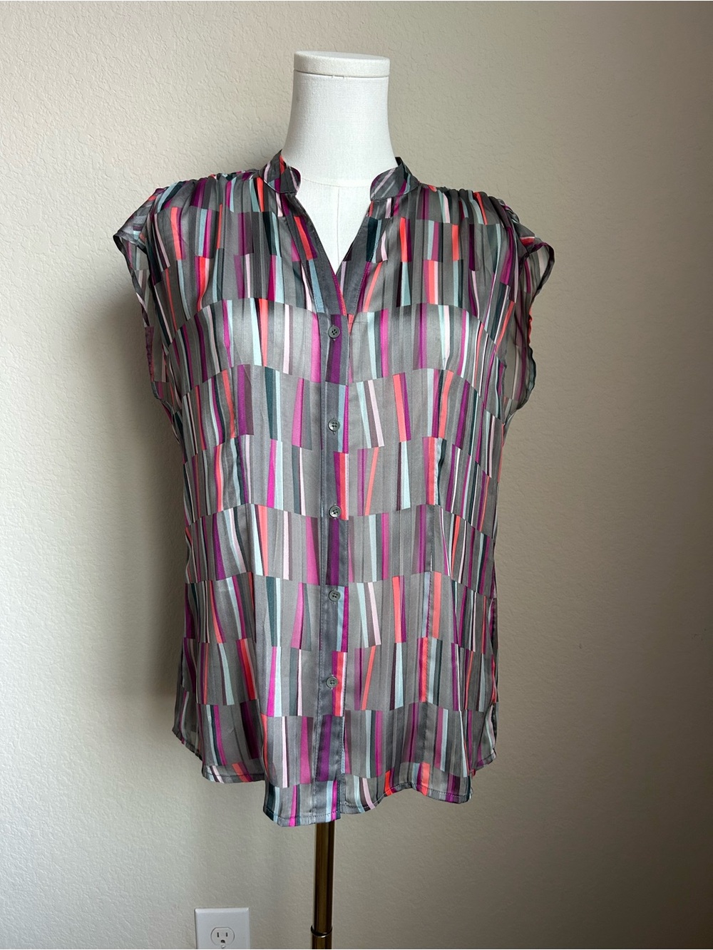 Outback Red Vertical Stripe Cap-Sleeve Sheer Button Blouse - Pink & Gray